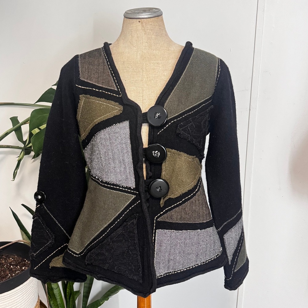 Covelo Patchwork Cardigan Women S Black Olive Art to Wear Lagenlook Boho Sweater